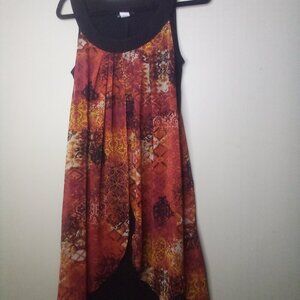 Rodan Dress Women M Sleeveless Open Front Flowing Black Orange Red